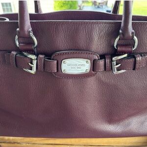 Michael Kors Hamilton Satchel Tote Bag Burgundy Pebbled Leather Silver Hardware